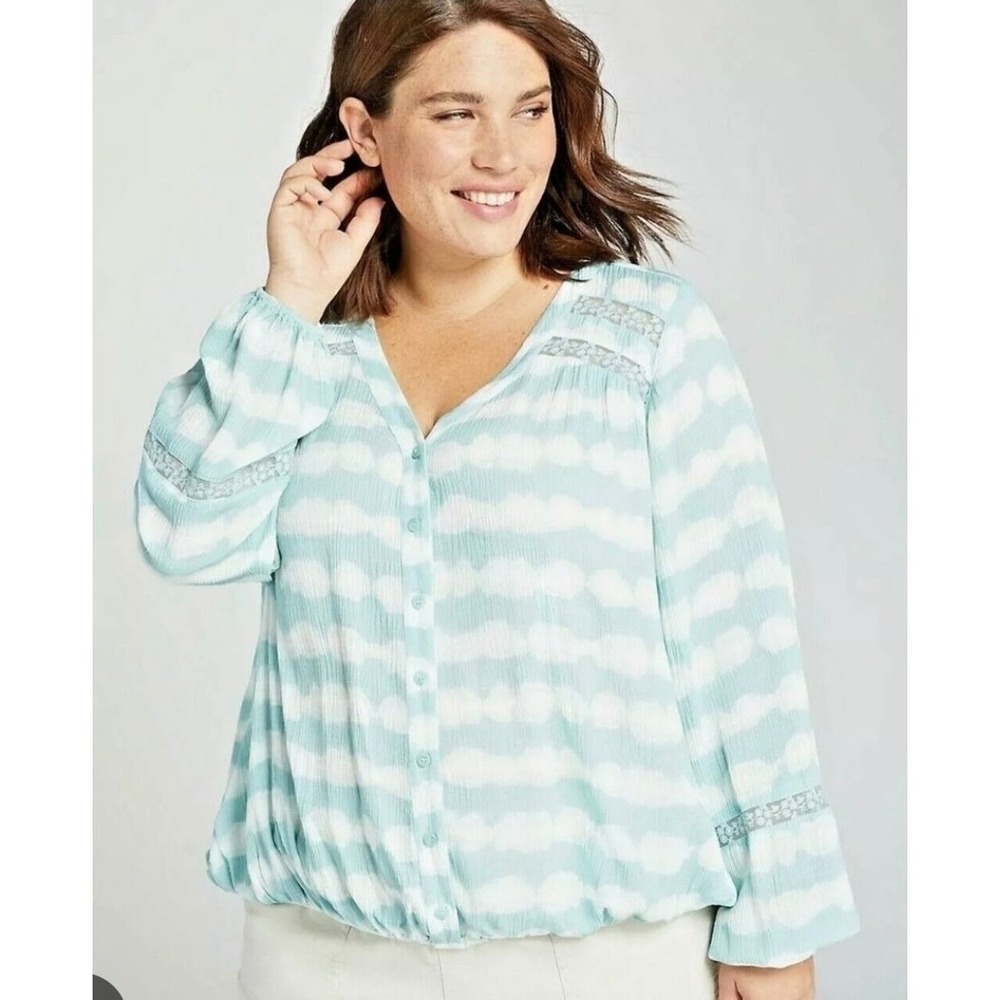 Lane Bryant Plus Size 22/24 Tie Dye Lace Inset Button Front Boho Blouse Aqua